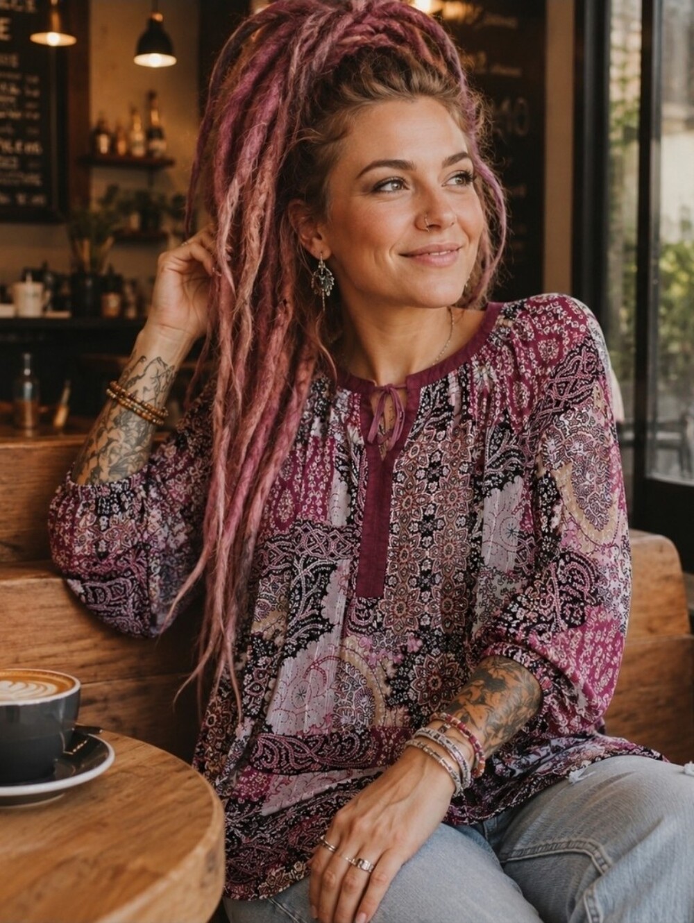 4/$15 New Directions XL Sheer Paisley Boho Prairie Top Burgundy Pink Black Patch